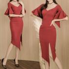Ruffle Elbow-sleeve Sheath Midi Dress