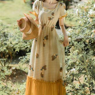 Embroidered Plaid Panel Short-sleeve Midi A-line Dress