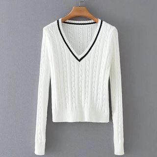 V-neck Cable Knit Cropped Top White - One Size