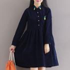 Embroidered Long-sleeve Corduroy Collared Dress