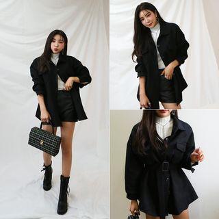 Pocket-detail Jacket With Belt Black - One Size