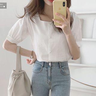 Puff-sleeve Square Neck Plain Knit Top