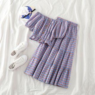 Set: Check Off-shoulder Short-sleeve Top + Skirt