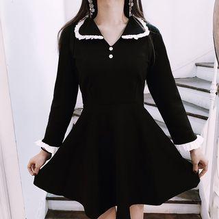 Frill-trim Long-sleeve Mini A-line Dress