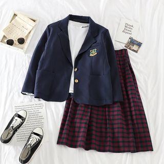 Long-sleeve Embroidered Blazer / High-waist Plaid A-line Skirt
