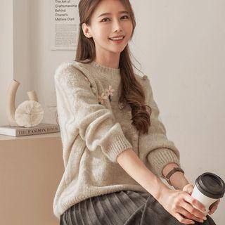 Floral Embroidered Pompom Detail Sweater