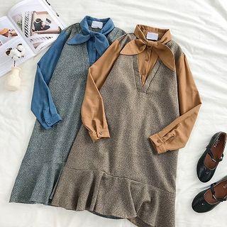 Mock Two-piece Panel Plaid Ruffled-trim Lace-up Dress