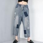 Patched Wide-leg Jeans Light Ash Blue - One Size