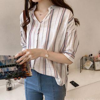 V Neck Striped Batwing Blouse