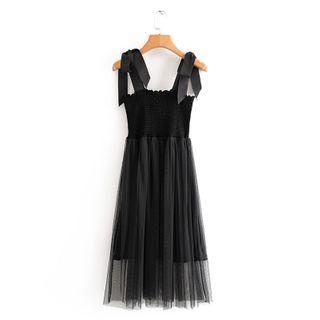 Ribbon Strap Mesh Overlay Dress
