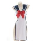 Sailor Collar Ribbon Open-back Night Dress White - One Size