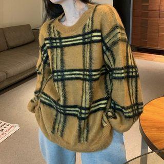 Round Neck Plaid Sweater Plaid - Brown - One Size