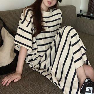 Elbow-sleeve Striped Midi T-shirt Dress Stripe - Black & White - One Size