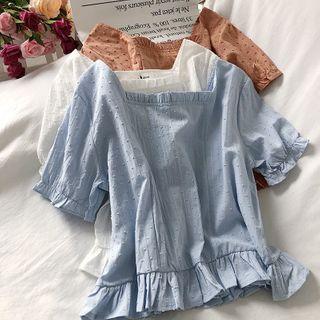 Ruffle Trim Square Collar Short-sleeve Top