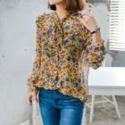 Collared Tie-neck Floral Chiffon Blouse