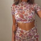 Set Of 2: Mock-neck Paisley Print Drawstring Cropped Top + Skirt