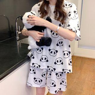 Loungewear Set: Short-sleeve Panda Print T-shirt + Shorts Panda - One Size