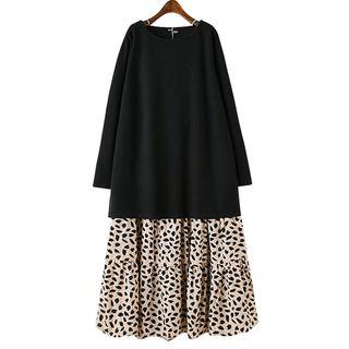 Set: Crew-neck Long-sleeve T-shirt + Leaf Print Midi A-line Skirt Black - One Size