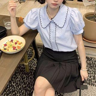 Puff-sleeve Scalloped Trim Blouse Blue - One Size