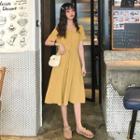 Drawstring Waist Short-sleeve Midi Shirtdress