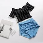 Set: Short-sleeve Striped Swim Top + Crinkled Swim Bottom