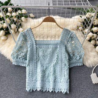Square-neck Cutout Lace Short-sleeve Top