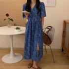 Floral Short-sleeve Midi A-line Chiffon Dress Blue - One Size