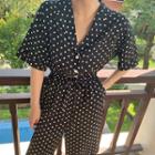 Polka-dot Shirtwaist Jumpsuit Black - One Size