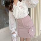 Long-sleeve Ruffled Bow Blouse / Mini Skirt