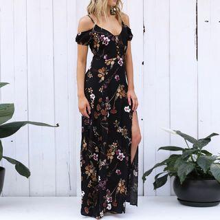 Short-sleeve Cutout Floral Print Maxi Dress