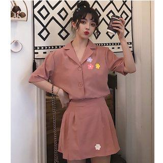 Elbow-sleeve Floral Shirt / A-line Mini Skirt
