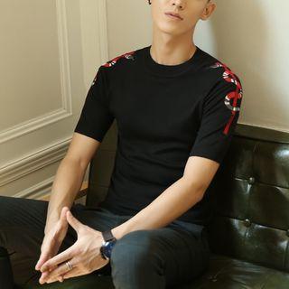 Embroidered Short-sleeve Slim-fit Sweater