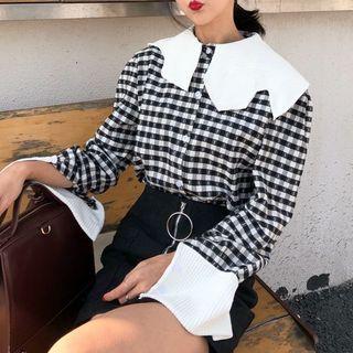 Asymmetric Collar Plaid Blouse