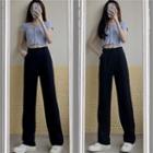 Short-sleeve Plain Knitted Cropped Top / High-waist Plain Pants