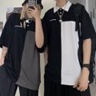 Couple Matching Elbow-sleeve Two-tone Lettering Collared T-shirt