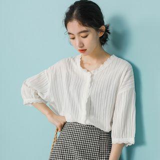 Elbow-sleeve Frill-trim Shirt White - One Size