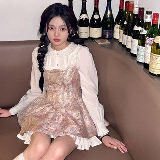 Lace Trim Blouse / Spaghetti Strap Mini A-line Dress