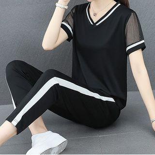 Set: Short-sleeve Mesh Panel T-shirt + Paneled Sweatpants