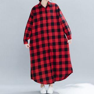 Long-sleeve Plaid Midi Shirt Dress Red - One Size