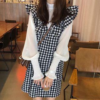 Smocked Cuff Sheer Blouse / Plaid Pinafore Dress