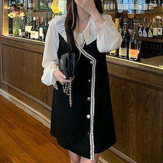 Set: Contrast Trim Button-up Overall Dress + Plain Blouse