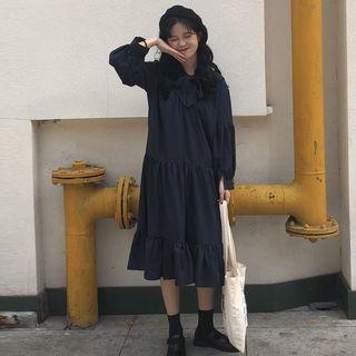 Long-sleeve Tie Collar Frill Trim Midi Dress