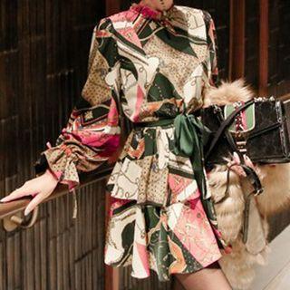 Bell-sleeve Printed Mini Layered Dress
