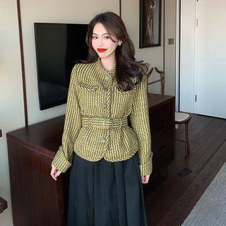 Striped Button-up-up Jacket / Midi Accordion Pleat Skirt
