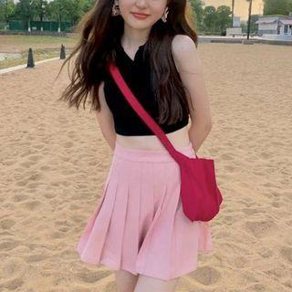 Collar Crop Tank Top / Mini Pleated Skirt