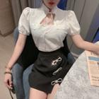Puff-sleeve Stand Collar Blouse / Embellished Fitted Mini Skirt