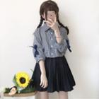 Bow-accent Gingham Elbow-sleeve Shirt Stripe - One Size