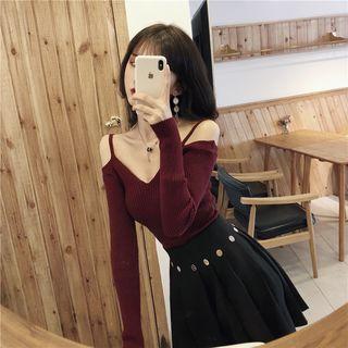 Plain V-neck Off-shoulder Long-sleeve Slim-fit Knit Top