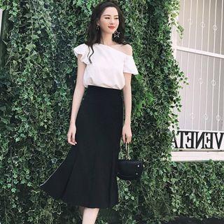 Set: Flutter Sleeve One Shoulder Top + Pleated A-line Skirt
