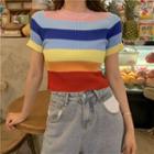 Rainbow Striped Short-sleeve Knit Cropped Top As Shown In Figure - One Size